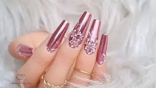 Pink Mirror Chrome Nails with easy white flowers.
