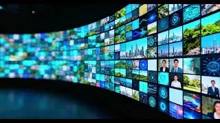 Curved Digital Media Wall with Multiple Screens Displaying Technology and Business Content