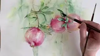 How to Paint Watercolor Fruits Pomegranate.Wet on Wet || Как нарисовать Гранаты Акварелью