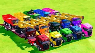 GARAGE WITH COLOR - TRANSPORTING COLORED DUMP TRUCK, CRANE WITH SCANIA TRANSPORTER! FS 22