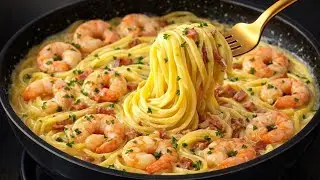Я никогда не ел такую вкусную пасту с креветками! Невероятно кремовая! 🤯🍤