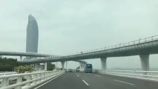 Highway driving by the ocean. Xiamen, Fujian, China. March 2017