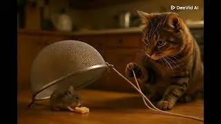 A clever cat holding a string, a small gray mouse is nibbling on the cheese underneath the trap,