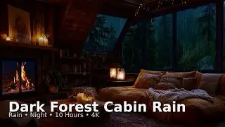 4K Fireplace & Rain Sounds in a Dark Wooden Cabin 10 Hours | Night Ambience for Sleeping