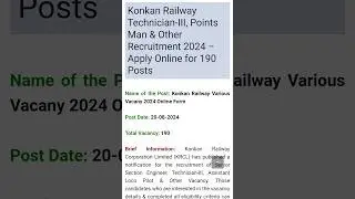 Konkan Railway Technician-llI, Points Man & Other Recruitment 2024 - Apply Online for 190 Posts