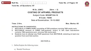 MSC 3RD SEM GMT COSTING OF APPAREL PRODUCTS DEC 2022 | PTU