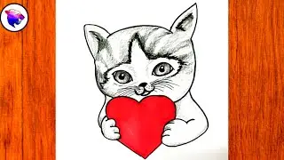 Cute Cat Drawing - How to Draw a Kitten Holding a Heart - Cat Drawings Step by Step