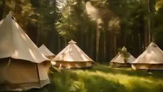 Brilliant Bell Tent Hire short - bell tents in a forest in sunlight