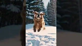 A playful dog jumping to catch falling snowflakes to have fun.