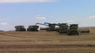 Fleet of Big John Deere Farm Machines Harvesting Wheat & Seeding Soybeans