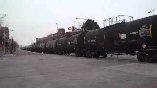 BNSF freight train in downtown Fort Collins, Colorado.
