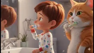 Boy and Cat Brushing Teeth, Breakfast, & Plant Care for Kids! Healthy Habits #catshorts #meow