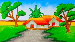 How to Draw a  Peaceful Village Scenery with Oil Pastels | Easy Step by Step Drawing