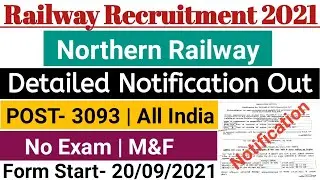 North Railway Recruitment 2021 Details Notification | Post - 3093 | North Railway apprentice 2021