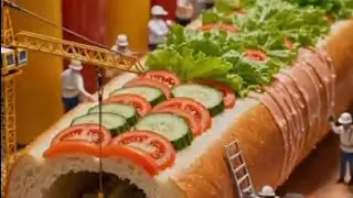 Deficting miniature construction workers building a giant sandwich 310126 Silent Live