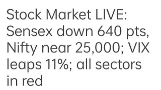 Stock Market LIVE: Sensex down 640 pts, Nifty near 25,000; VIX leaps 11%; all sectors in red