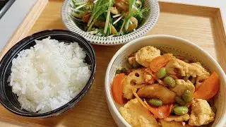 Тофу с овощами, листья мизуны и жареный салат с лопухом