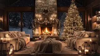 Luxury Christmas Chalet Ambience 🎄 Cozy Fireplace, Soft Jazz & Falling Snow | 4K