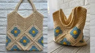 Сумка-авоська крючком в комбинированной технике - мотивы и сетка