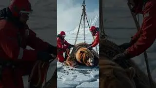Rescue Operation of a Brown Bear on Arctic Ice by Wildlife Experts in Red Gear