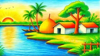 How to draw a easy scenery with oil pastel || village drawing step by step || sunset river art 