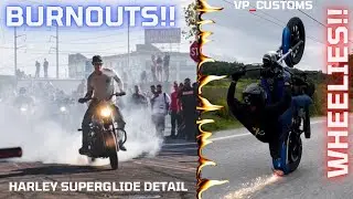 HARLEY SUPERGLIDE STUNT BIKE DETAIL!! WHEELIES AND BURNOUTS INCLUDED!