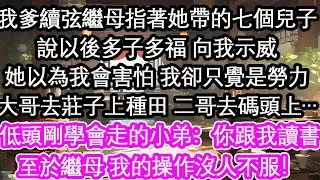 我爹續弦繼母指著她帶的七個兒子說以後多子多福 向我示威她以為我會害怕 我卻只覺是勞力大哥去莊子上種田 二哥去碼頭上…低頭剛學會走的小弟：你跟我讀書至於繼母 我的操作沒人不服！【花開】【愛情】【生活】
