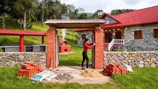 TIMELAPSE &ndash; Amazing DIY: Red Brick Gate Construction With Corrugated Iron Roof | Stone Cabin Project