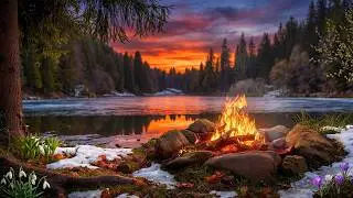 Early Spring Campfire at Sunset 🔥 River Ambience and Forest Sounds