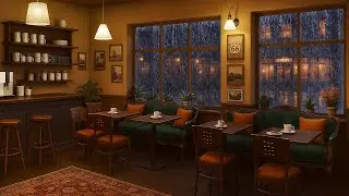 Rainy Night at Coffee Shop Ambience with Relaxing Jazz Music & Rain Sounds