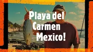 Surf fishing for yellowtail jack from shore at Xcalacoco Beach Playa del Carmen Mexico Caribbean Sea