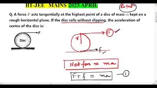 IIT-JEE MAINS 2025// A force f acts tangentially at the highest point of disc of mass m kept on a
