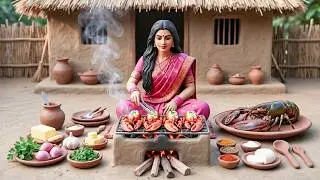 Miniature Garlic Butter Grilled Lobster Cooking | Tiny Indian Village Kitchen ASMR