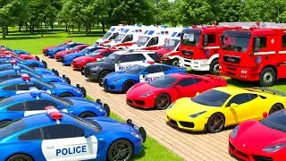 TRANSPORTING CARS, AMBULANCE, POLICE CARS, FIRE TRUCK OF COLORS! WITH TRUCKS!
