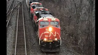 New Model CN Train 3906! 2 Other CN Units Tag Along! Horn Salute at Bayview Junction!