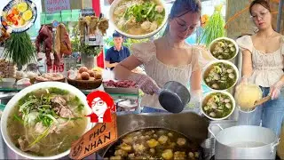 YUMMY! Beautiful Girl selling BEEF PHO- Hot Breakfast with Vietnamese BEEF Noodle Soup