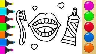 How to draw a Toothbrush, toothpaste, tooth and mouth. Coloring Pages for kids.