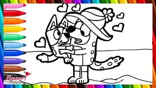 Draw and Color Bluey and Mom Chilli enjoying the Holiday on sea beach 🐶🐕💜💙🌈🪂🌊 Drawing for Kids
