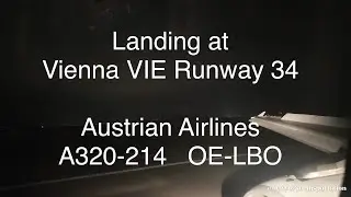 Night Landing at Vienna Airport (VIE) Runway 34 | Austrian Airlines A320 OE-LBO Window View