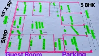 45' X 50' 3 Bedroom With Parking,Shop House Plan || 45*50 house plans || दुकान घर का नक्शा 🏠 🏠||