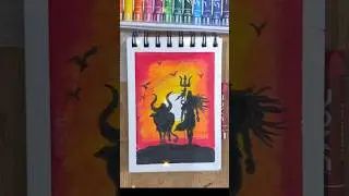 🔱 How to Draw Lord Shiva with Nandi 🕉️ | Easy Oil Pastel Sunset Silhouette Art#shorts #ytshorts #art
