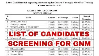 LIST OF CANDIDATES SCREENING FOR GNM FOR THE YEAR 2025-2026