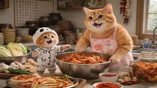 Mama Cat and Ginger Kittens Make Kimchi Together