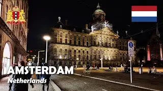 Amsterdam, Netherlands. A night walk from Rokin to Westermarkt. 4K