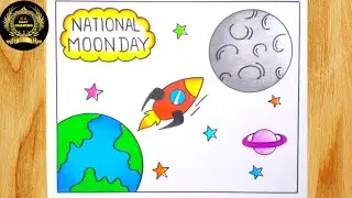 National Moon Day Poster Drawing Easy / Chandra Dinam Drawing / How to Draw Moon Day Drawing Easy