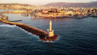 Calming Waves Sound. Crete-Chania-Greece. 4K Drone Film.