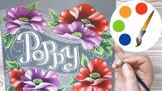 How to paint a design with red and pink poppies with by flat brush, One Stroke