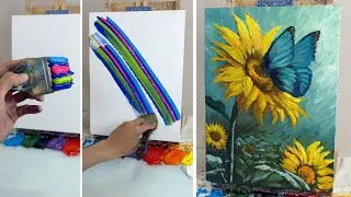 How to Paint a Blue Butterfly on Sunflower | Easy Acrylic Painting for Beginners #126