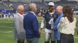 Micah Parsons, Dak, CeeDee, Jerry Jones on field before Dallas Cowboys preseason opener