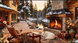 Fireplace Sounds in a Winter Cabin 🔥 Cozy Porch, River Flow & Calm Nature Ambience